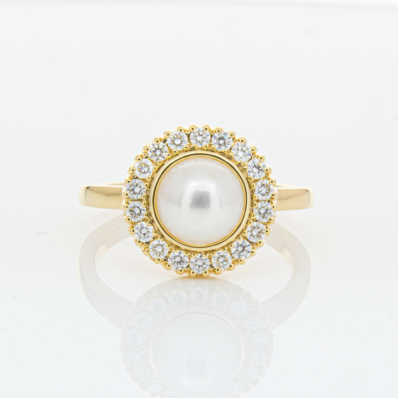 18ct Yellow Gold 7mm Akoya Pearl & Diamond Daisy Ring-Ring-Walker & Hall