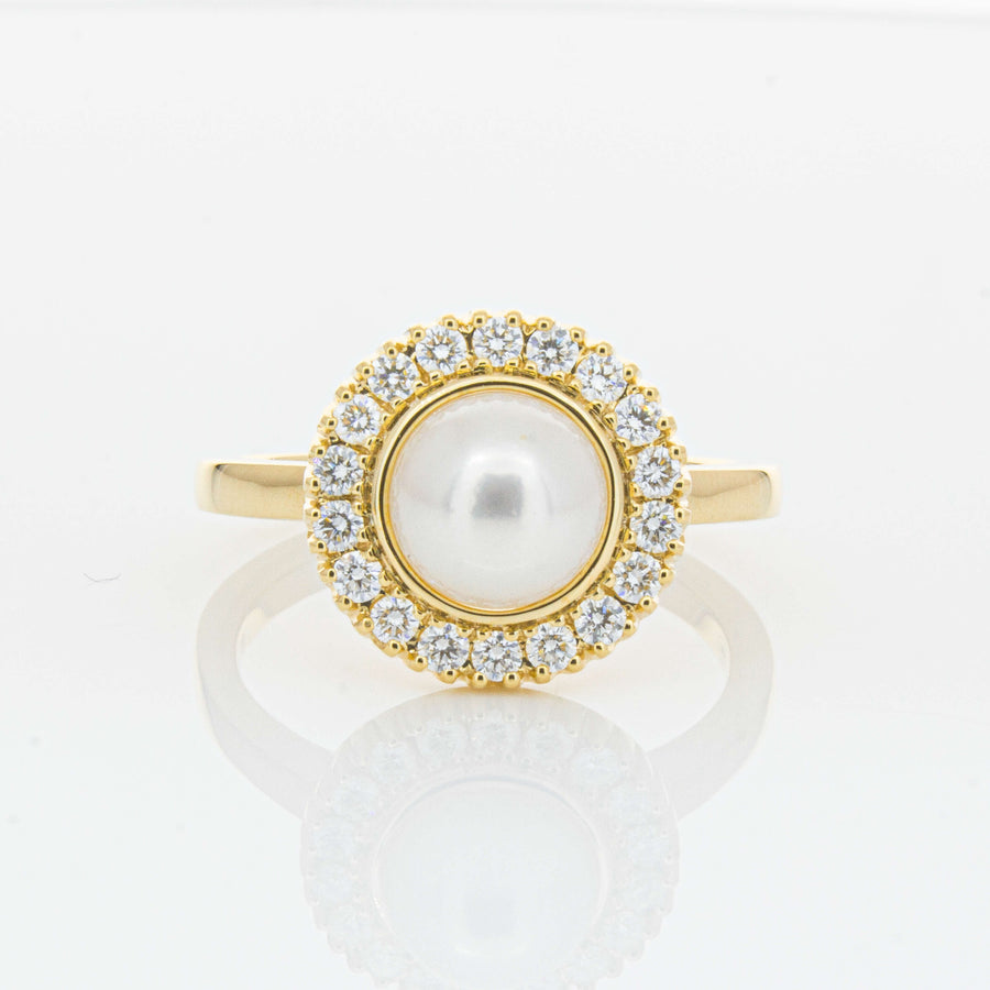 18ct Yellow Gold 7mm Akoya Pearl & Diamond Daisy Ring-Ring-Walker & Hall