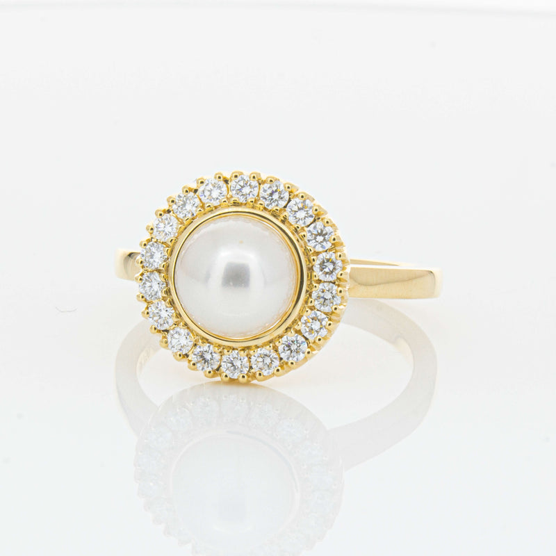 18ct Yellow Gold 7mm Akoya Pearl & Diamond Daisy Ring-Ring-Walker & Hall