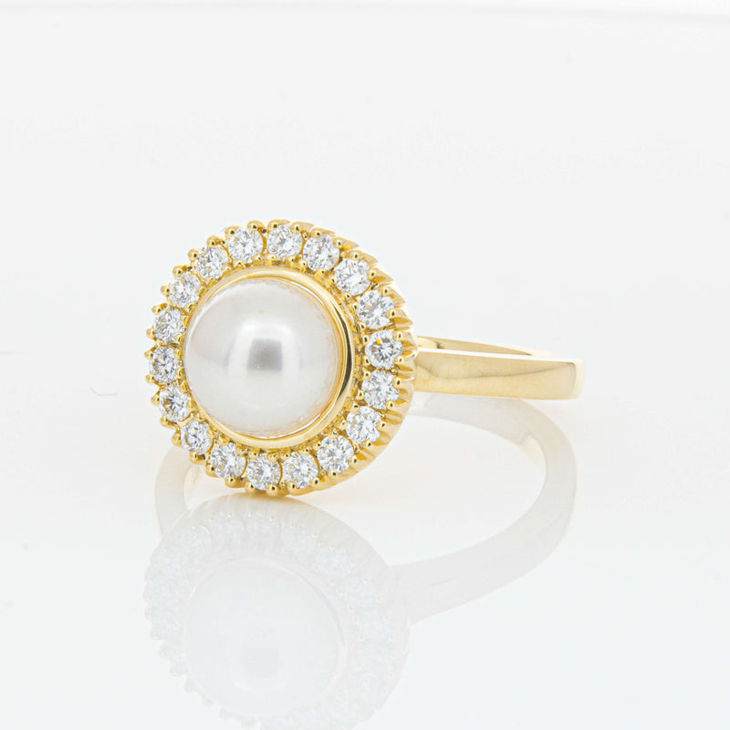 18ct Yellow Gold 7mm Akoya Pearl & Diamond Daisy Ring-Ring-Walker & Hall