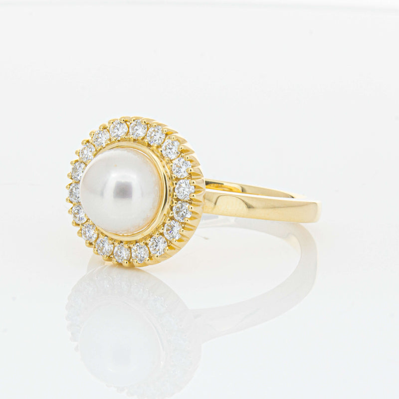 18ct Yellow Gold 7mm Akoya Pearl & Diamond Daisy Ring-Ring-Walker & Hall