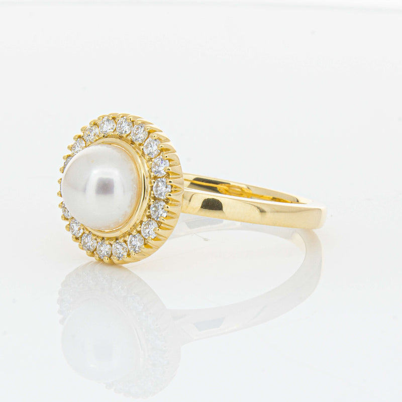 18ct Yellow Gold 7mm Akoya Pearl & Diamond Daisy Ring-Ring-Walker & Hall