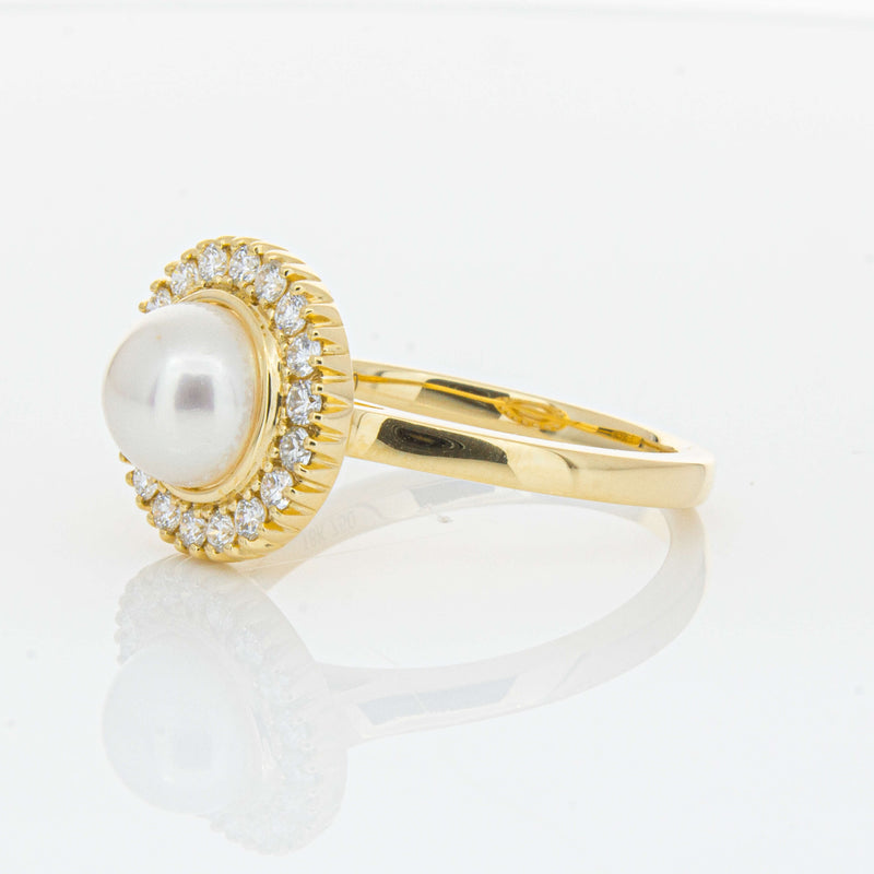 18ct Yellow Gold 7mm Akoya Pearl & Diamond Daisy Ring-Ring-Walker & Hall