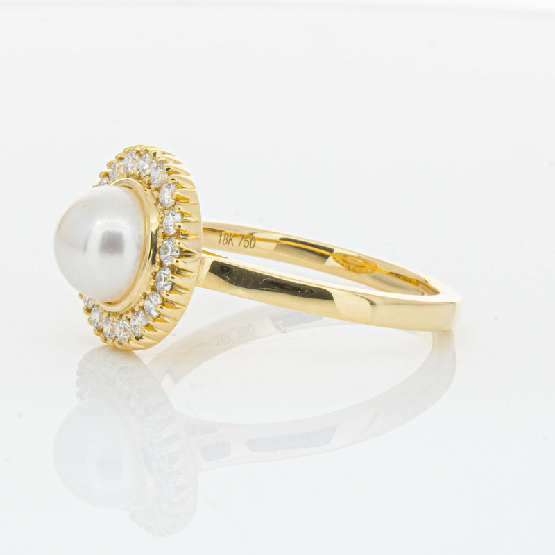 18ct Yellow Gold 7mm Akoya Pearl & Diamond Daisy Ring-Ring-Walker & Hall
