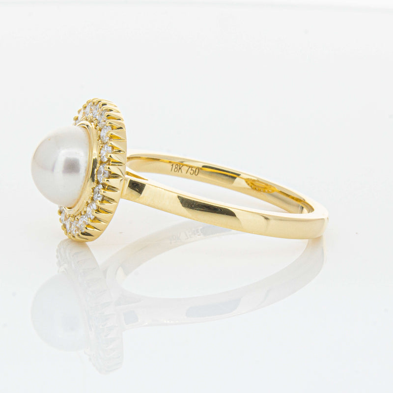 18ct Yellow Gold 7mm Akoya Pearl & Diamond Daisy Ring-Ring-Walker & Hall