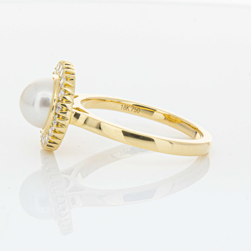 18ct Yellow Gold 7mm Akoya Pearl & Diamond Daisy Ring-Ring-Walker & Hall