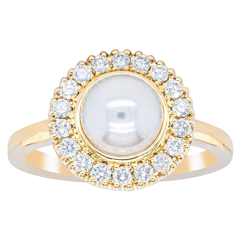 18ct Yellow Gold 7mm Akoya Pearl & Diamond Daisy Ring-Ring-Walker & Hall