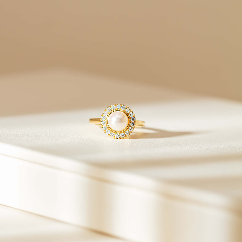 18ct Yellow Gold 7mm Akoya Pearl & Diamond Daisy Ring-Ring-Walker & Hall