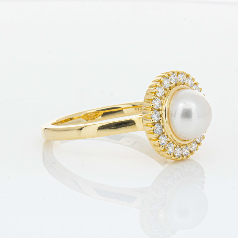 18ct Yellow Gold 7mm Akoya Pearl & Diamond Daisy Ring-Ring-Walker & Hall