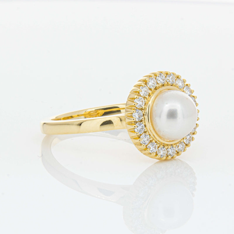 18ct Yellow Gold 7mm Akoya Pearl & Diamond Daisy Ring-Ring-Walker & Hall