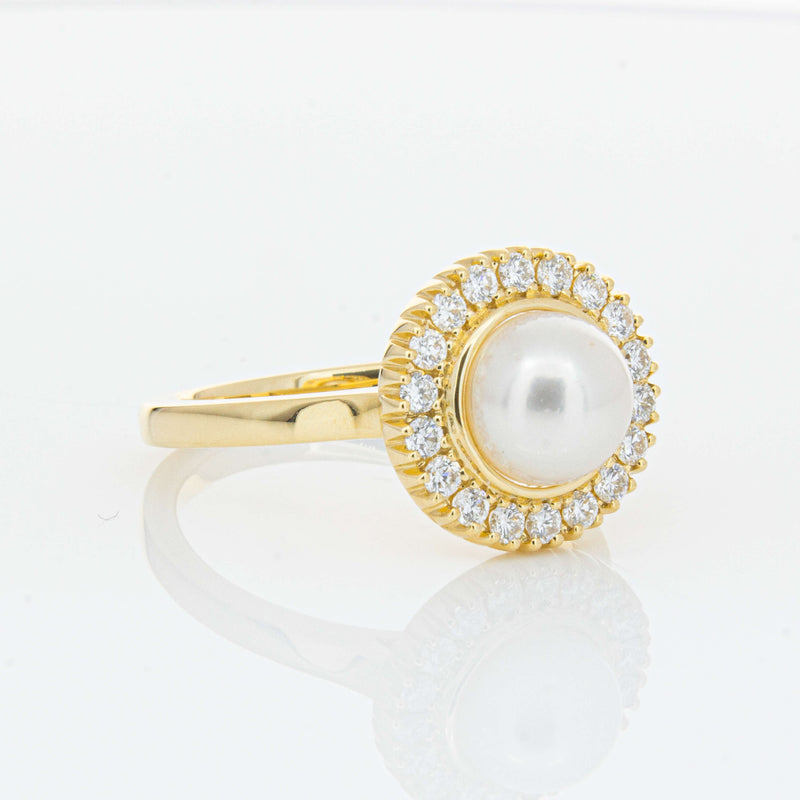 18ct Yellow Gold 7mm Akoya Pearl & Diamond Daisy Ring-Ring-Walker & Hall
