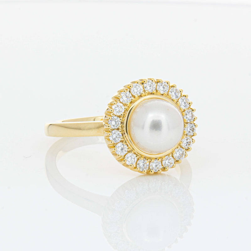 18ct Yellow Gold 7mm Akoya Pearl & Diamond Daisy Ring-Ring-Walker & Hall