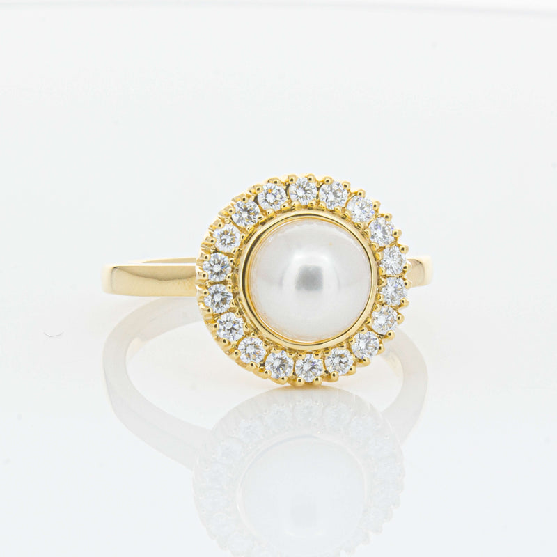 18ct Yellow Gold 7mm Akoya Pearl & Diamond Daisy Ring-Ring-Walker & Hall