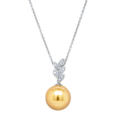 18ct White Gold 11.8mm Golden South Sea Pearl & Diamond Pendant-Necklace-Walker & Hall