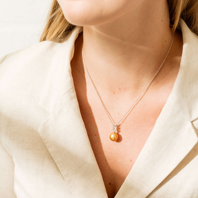 18ct White Gold 11.8mm Golden South Sea Pearl & Diamond Pendant-Necklace-Walker & Hall