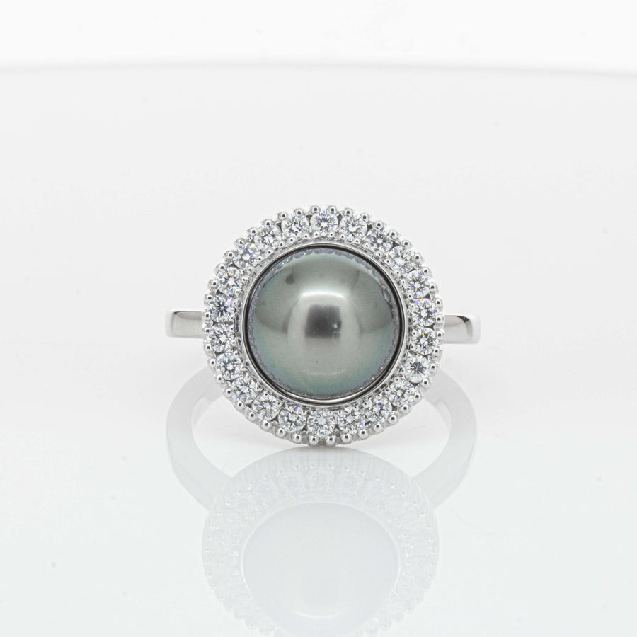 18ct White Gold 9.1mm Tahitian Black Pearl & Diamond Daisy Ring-Ring-Walker & Hall