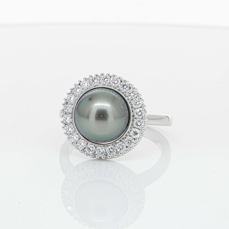 18ct White Gold 9.1mm Tahitian Black Pearl & Diamond Daisy Ring-Ring-Walker & Hall