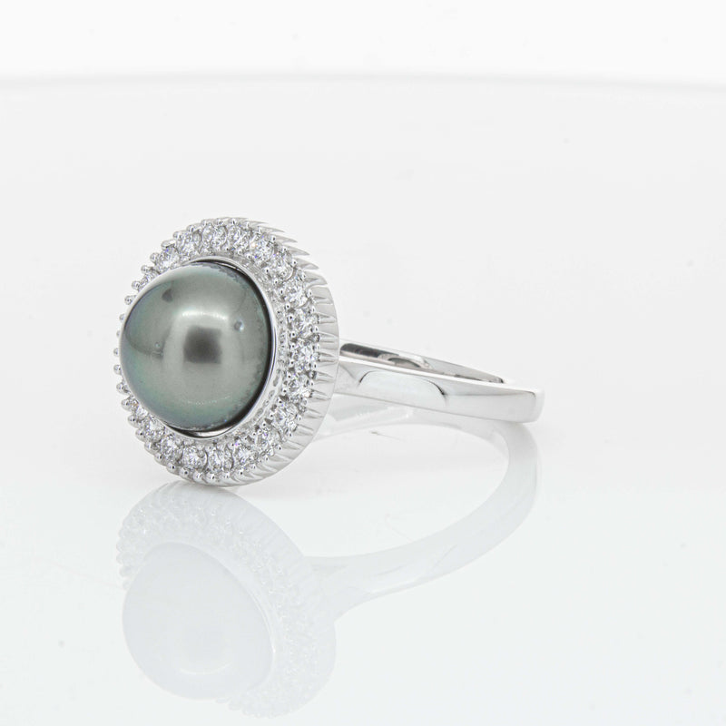 18ct White Gold 9.1mm Tahitian Black Pearl & Diamond Daisy Ring-Ring-Walker & Hall