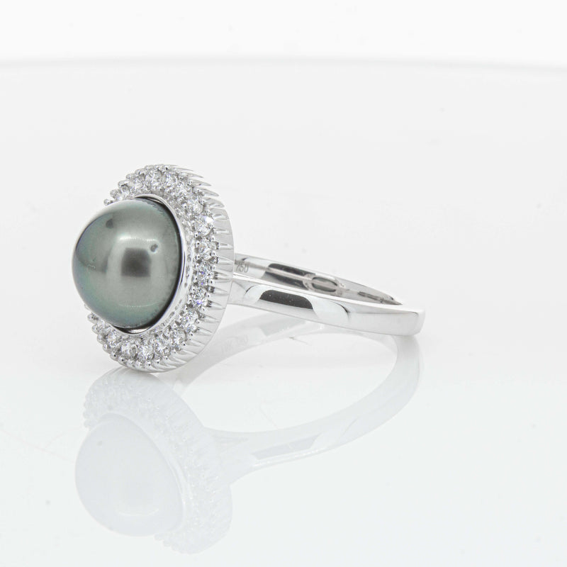 18ct White Gold 9.1mm Tahitian Black Pearl & Diamond Daisy Ring-Ring-Walker & Hall