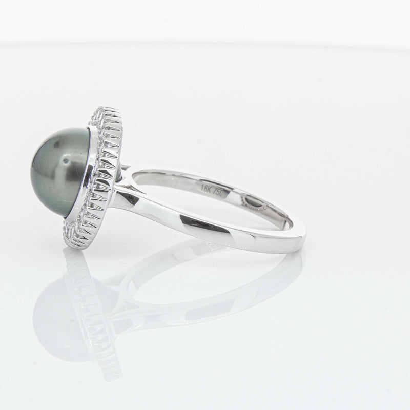 18ct White Gold 9.1mm Tahitian Black Pearl & Diamond Daisy Ring-Ring-Walker & Hall