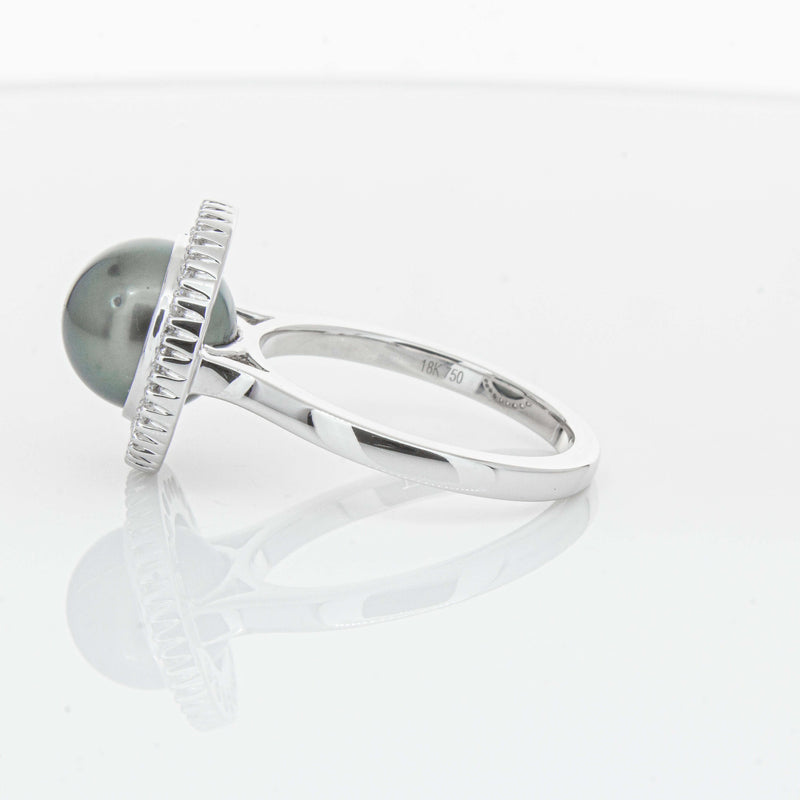 18ct White Gold 9.1mm Tahitian Black Pearl & Diamond Daisy Ring-Ring-Walker & Hall