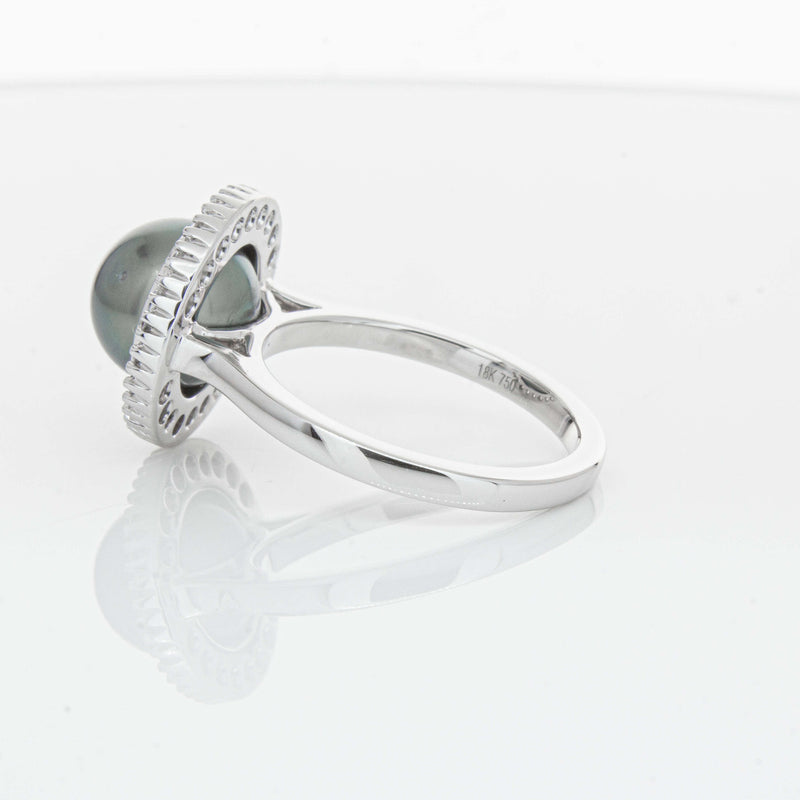 18ct White Gold 9.1mm Tahitian Black Pearl & Diamond Daisy Ring-Ring-Walker & Hall