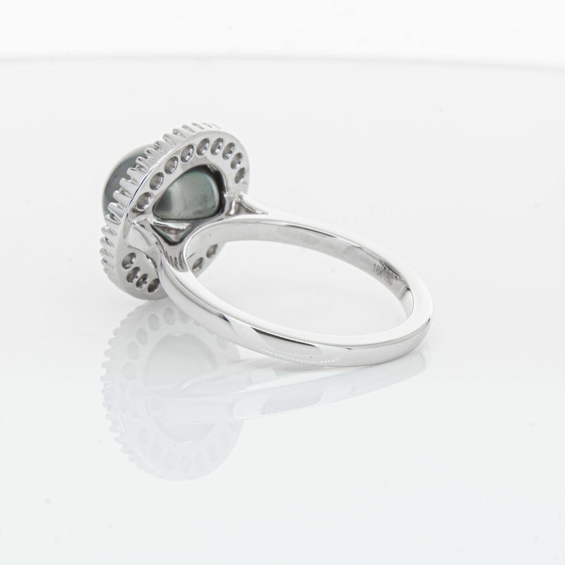 18ct White Gold 9.1mm Tahitian Black Pearl & Diamond Daisy Ring-Ring-Walker & Hall