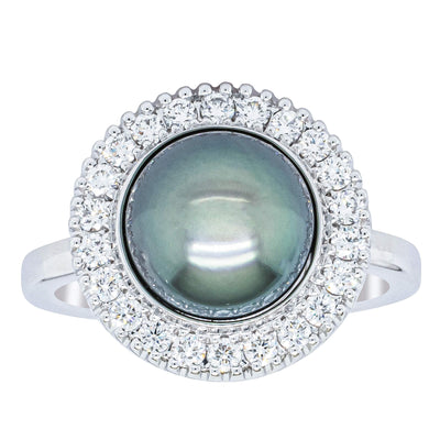 18ct White Gold 9.1mm Tahitian Black Pearl & Diamond Daisy Ring-Ring-Walker & Hall