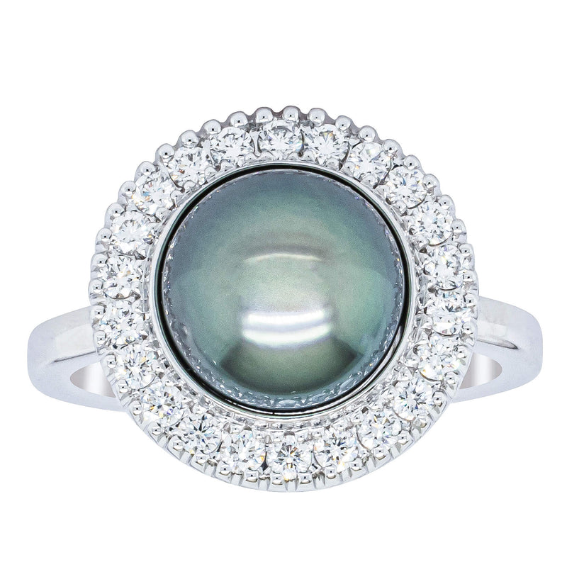 18ct White Gold 9.1mm Tahitian Black Pearl & Diamond Daisy Ring-Ring-Walker & Hall