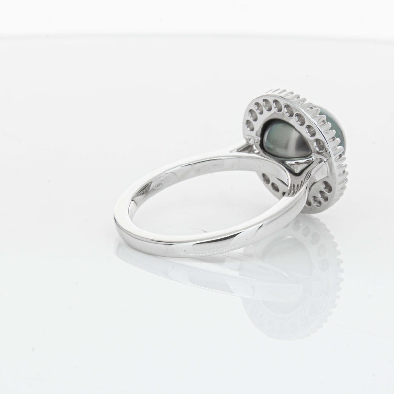 18ct White Gold 9.1mm Tahitian Black Pearl & Diamond Daisy Ring-Ring-Walker & Hall