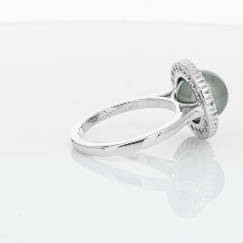 18ct White Gold 9.1mm Tahitian Black Pearl & Diamond Daisy Ring-Ring-Walker & Hall