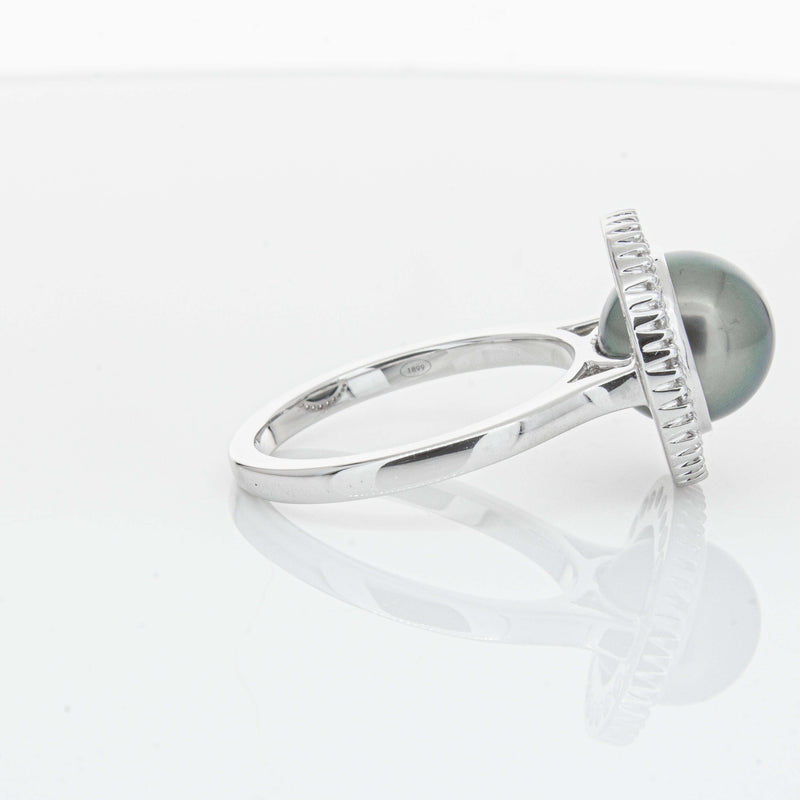 18ct White Gold 9.1mm Tahitian Black Pearl & Diamond Daisy Ring-Ring-Walker & Hall