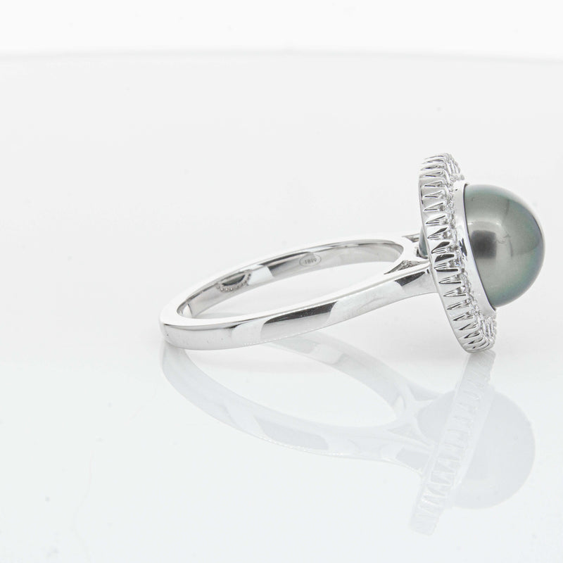 18ct White Gold 9.1mm Tahitian Black Pearl & Diamond Daisy Ring-Ring-Walker & Hall