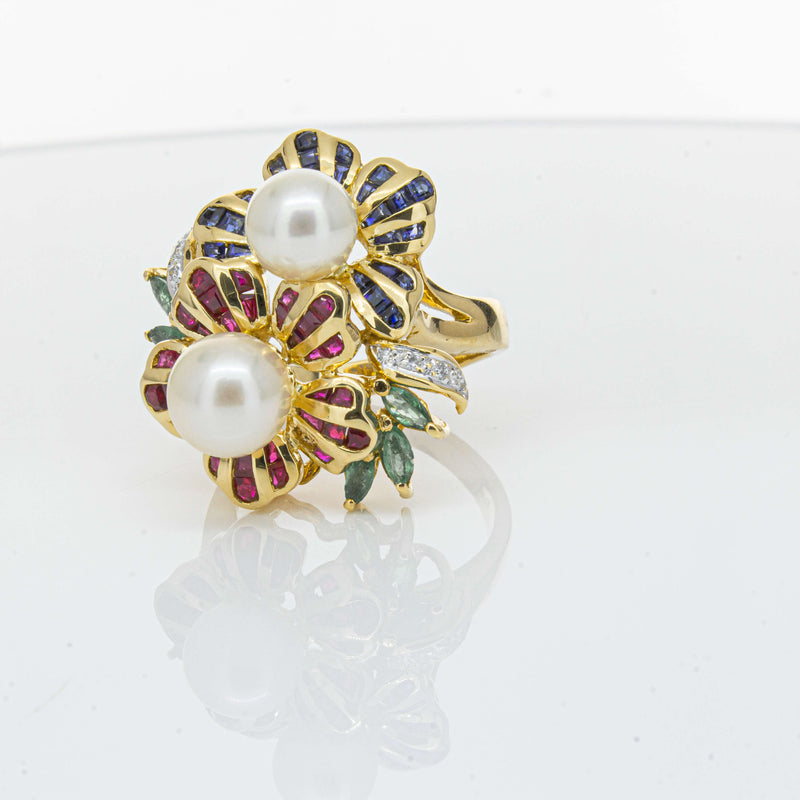 Deja Vu 18ct Yellow Gold Pearl & Multi Gem Floral Ring-Ring-Walker & Hall