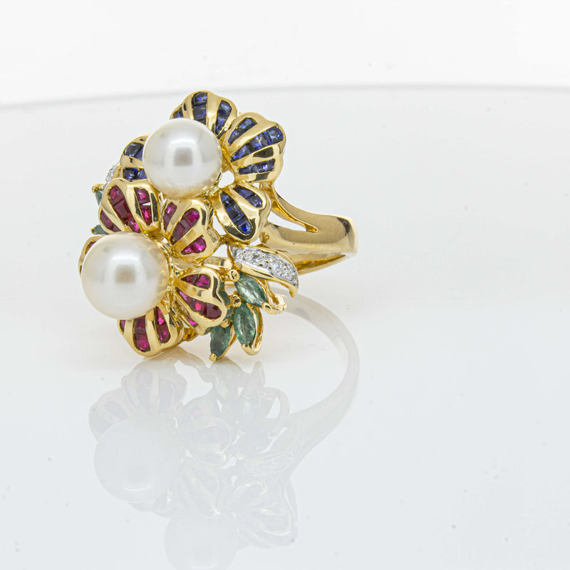 Deja Vu 18ct Yellow Gold Pearl & Multi Gem Floral Ring-Ring-Walker & Hall