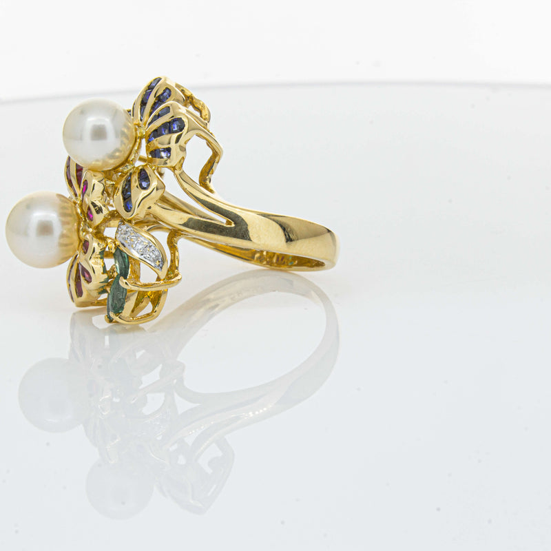 Deja Vu 18ct Yellow Gold Pearl & Multi Gem Floral Ring-Ring-Walker & Hall
