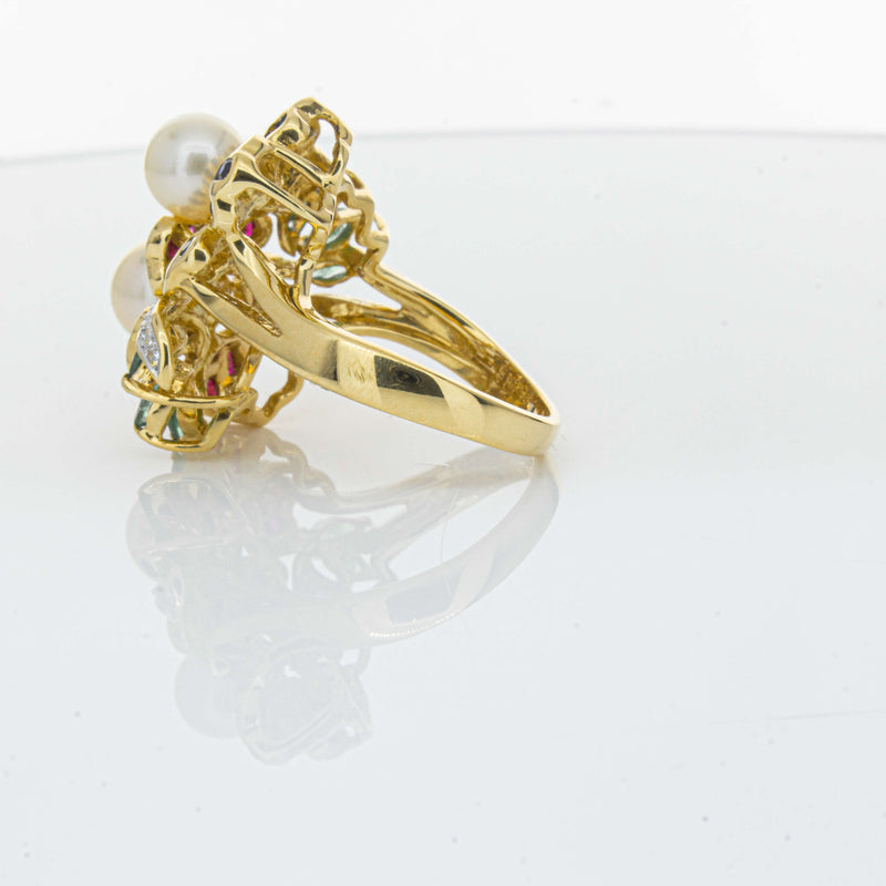 Deja Vu 18ct Yellow Gold Pearl & Multi Gem Floral Ring-Ring-Walker & Hall