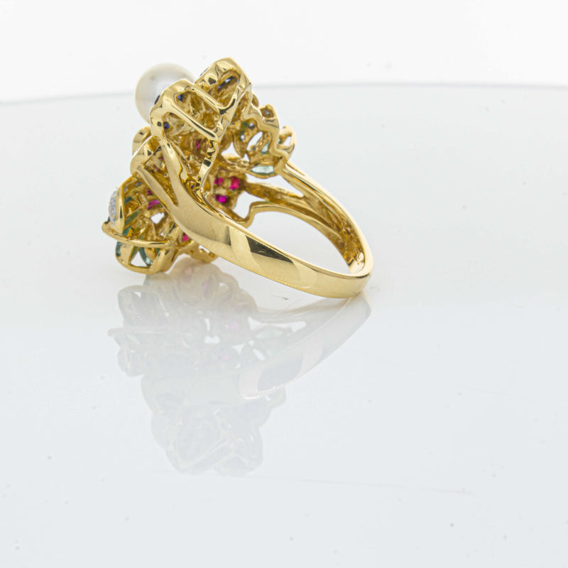 Deja Vu 18ct Yellow Gold Pearl & Multi Gem Floral Ring-Ring-Walker & Hall
