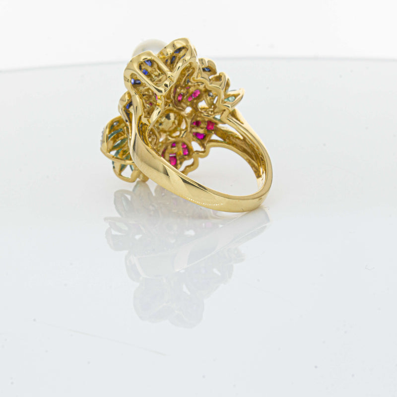 Deja Vu 18ct Yellow Gold Pearl & Multi Gem Floral Ring-Ring-Walker & Hall