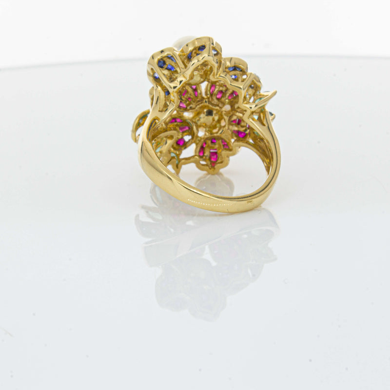 Deja Vu 18ct Yellow Gold Pearl & Multi Gem Floral Ring-Ring-Walker & Hall