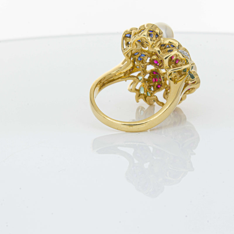 Deja Vu 18ct Yellow Gold Pearl & Multi Gem Floral Ring-Ring-Walker & Hall