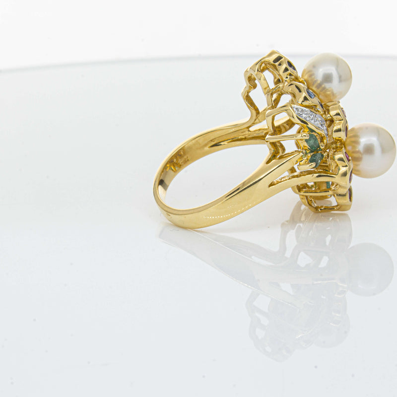 Deja Vu 18ct Yellow Gold Pearl & Multi Gem Floral Ring-Ring-Walker & Hall