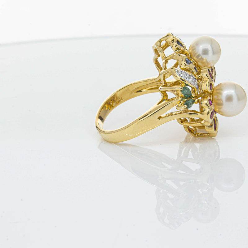 Deja Vu 18ct Yellow Gold Pearl & Multi Gem Floral Ring-Ring-Walker & Hall