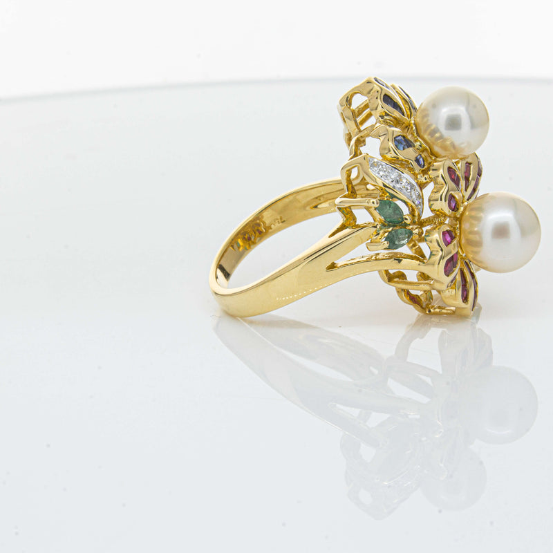 Deja Vu 18ct Yellow Gold Pearl & Multi Gem Floral Ring-Ring-Walker & Hall