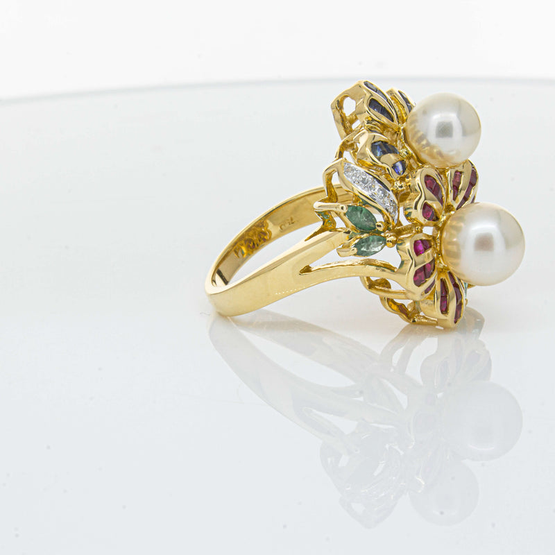 Deja Vu 18ct Yellow Gold Pearl & Multi Gem Floral Ring-Ring-Walker & Hall