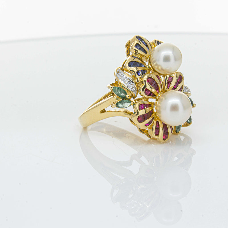 Deja Vu 18ct Yellow Gold Pearl & Multi Gem Floral Ring-Ring-Walker & Hall