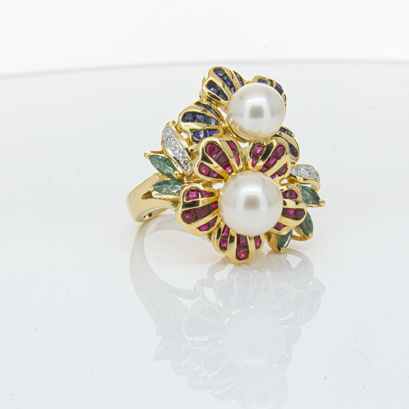 Deja Vu 18ct Yellow Gold Pearl & Multi Gem Floral Ring-Ring-Walker & Hall