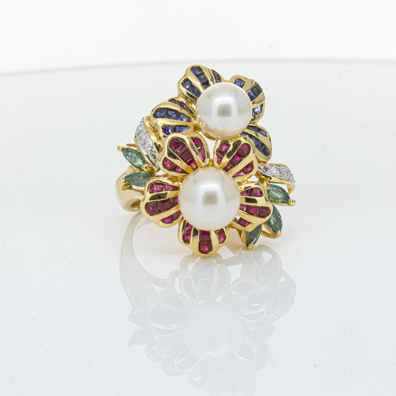 Deja Vu 18ct Yellow Gold Pearl & Multi Gem Floral Ring-Ring-Walker & Hall