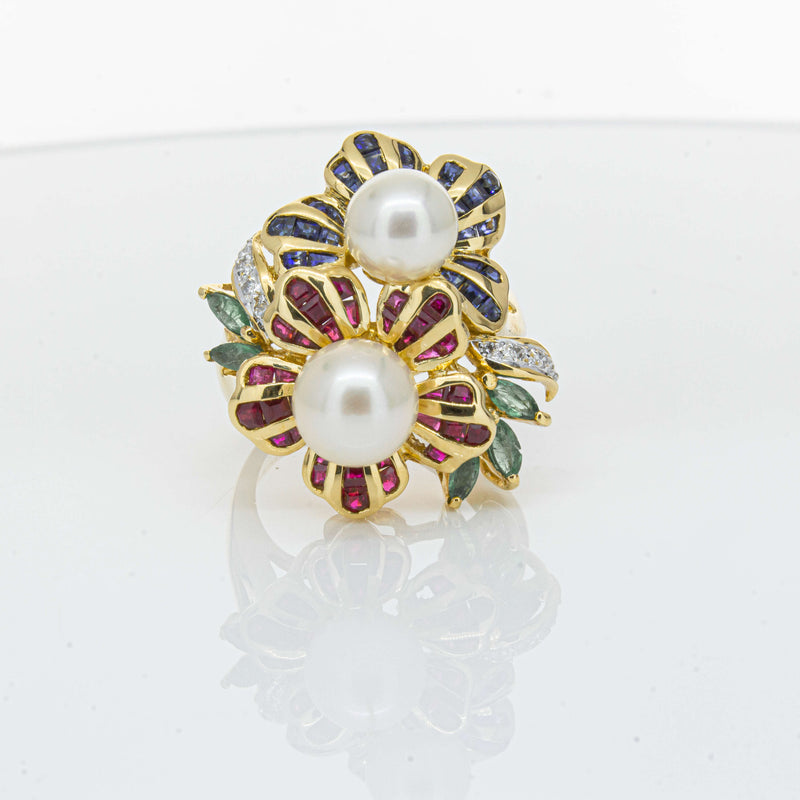 Deja Vu 18ct Yellow Gold Pearl & Multi Gem Floral Ring-Ring-Walker & Hall