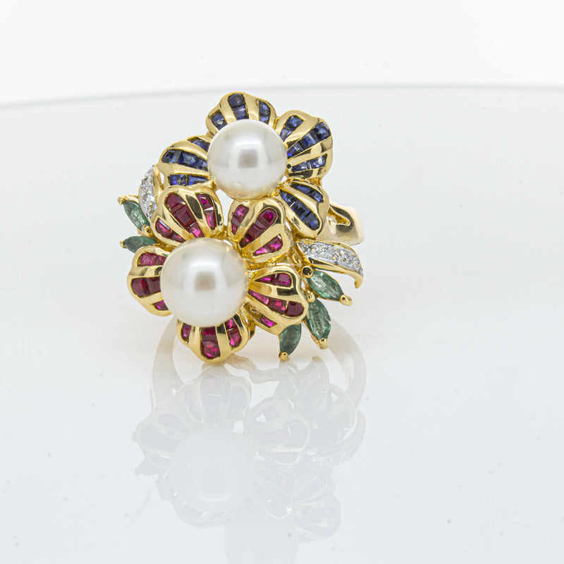 Deja Vu 18ct Yellow Gold Pearl & Multi Gem Floral Ring-Ring-Walker & Hall
